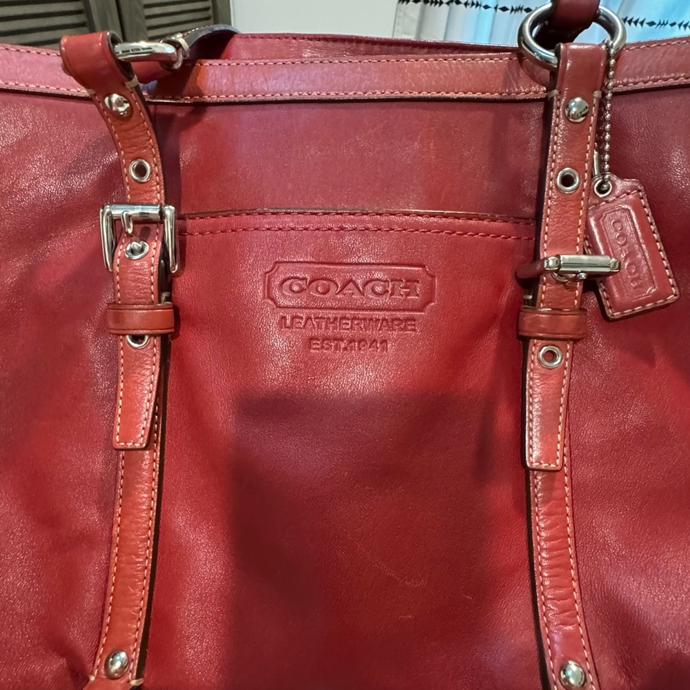 Coach Red Leather Tote with Double Strap Handles